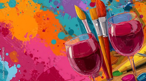 Art and wine night banner with paintbrushes, wine glasses, and creative splashes of color, ready to advertise summer sip and paint deals. .