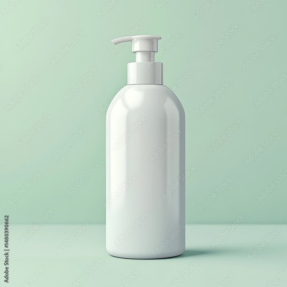 Minimalistic white pump bottle on a soft green background, perfect for skincare or cosmetic products. Minimalistic white pump bottle on a soft green background, perfect for skincare or cosmetic products.
