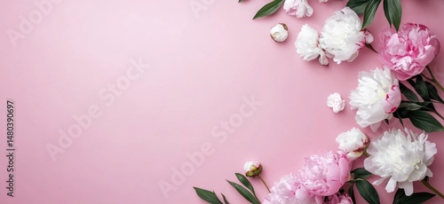 Pink and White Peonies Arrangement on Pink Background