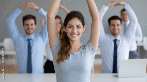 People Stretching Arms at Work in Office Setting