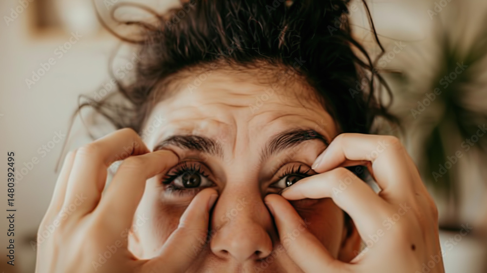 Obraz premium Exhausted young woman rubbing tired eyes with visible dark circles and messy hair, feeling sleepy and fatigued at home or office. Stress, insomnia and burnout concept.