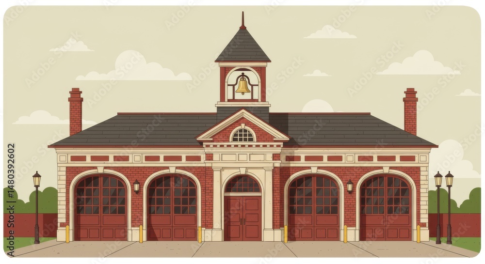 Classic Brick Fire Station Building Exterior Illustration Classic Brick Fire Station Building Exterior Illustration