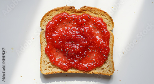 Toast With Homemade Raspberry Chia Seed Jam On Bright White Background