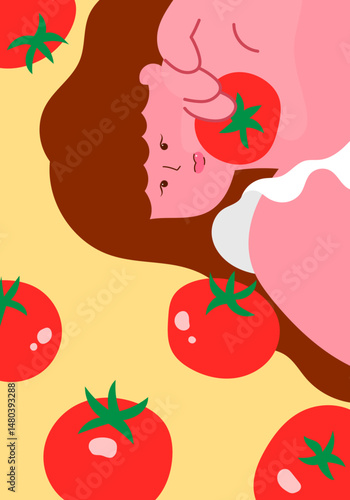 woman holding a tomato surrounded by fresh tomatoes. natural beauty, healthy lifestyle, and skincare from within concept, flat vector illustration