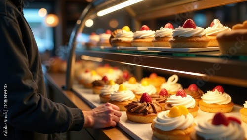 Wallpaper Mural Person browsing assortment of baked goods in bakery shop, storefront, bakery, pastries Torontodigital.ca