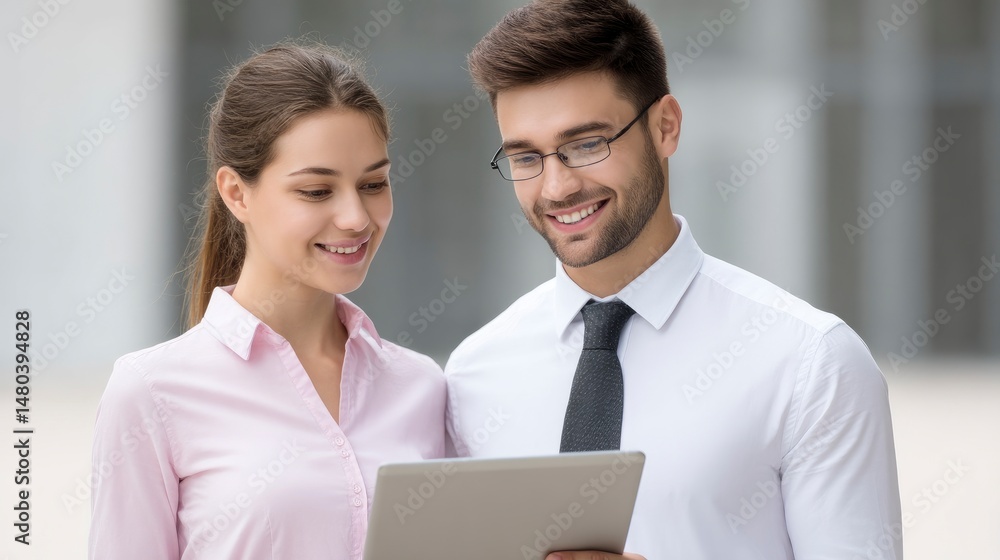 Business People Discussing Project on Tablet Outside Office Business People Discussing Project on Tablet Outside Office