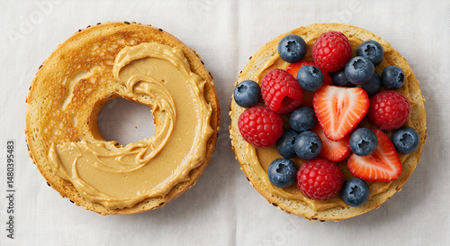 Toasted Bagel Served With Peanut Butter And Fresh Summer Berries Healthy Treat