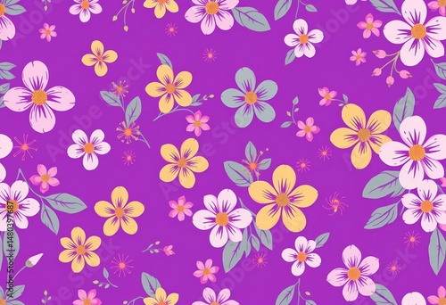 Purple background seamless pattern with cute, seamless flowers Vector illustration, wallpaper texture, seamless repeat, repeat