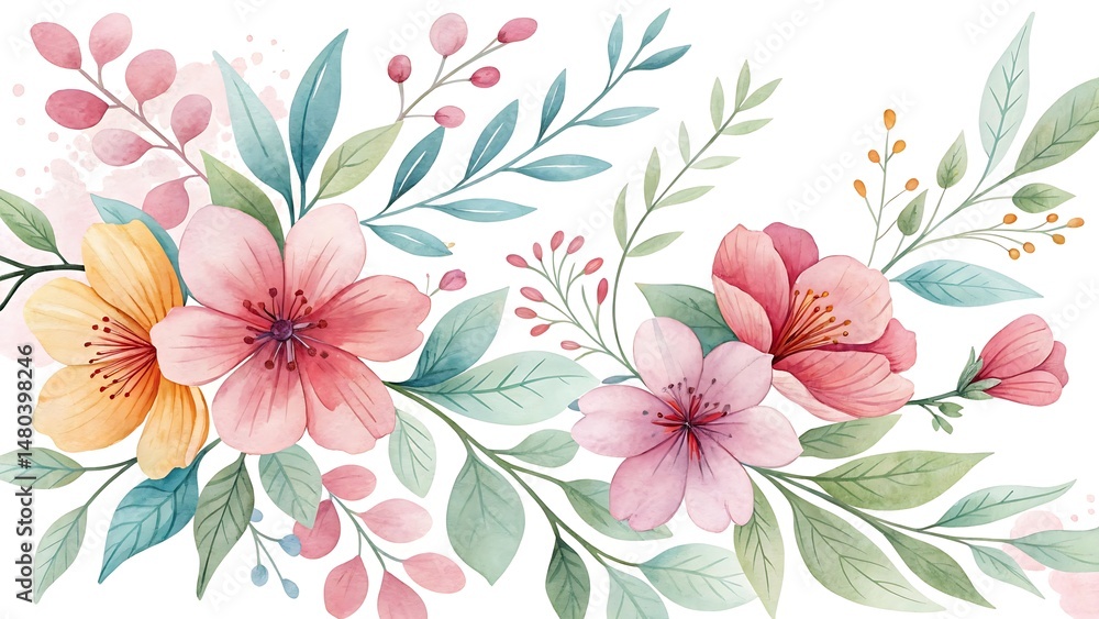 Fototapeta premium Watercolor Floral Arrangement with Pink and Yellow Blossoms and Green Leaves