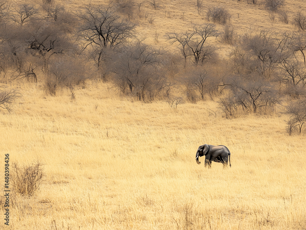 Fototapeta premium Solitary elephant grazing in the dry african savanna