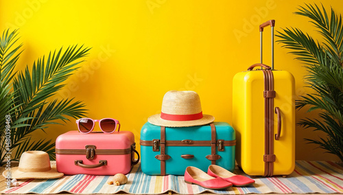 Summer Holiday Travel Essentials with Palm Leaves and Suitcases, Travel and Holiday Theme