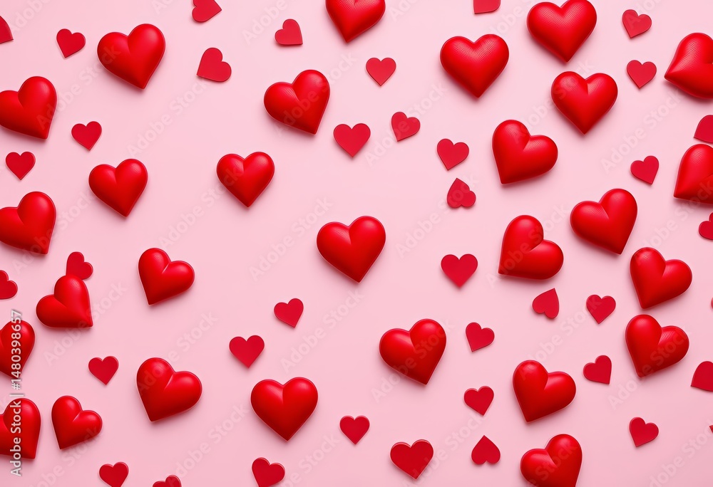 Red hearts scattered on pastel pink background, top view flat lay Valentine's Day gift concept, flowers, texture Red hearts scattered on pastel pink background, top view flat lay Valentine's Day gift concept, flowers, texture