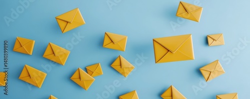 Free Download Multiple yellow envelopes are scattered on a light blue background, symbolizing communication and mail. - GFXLoad