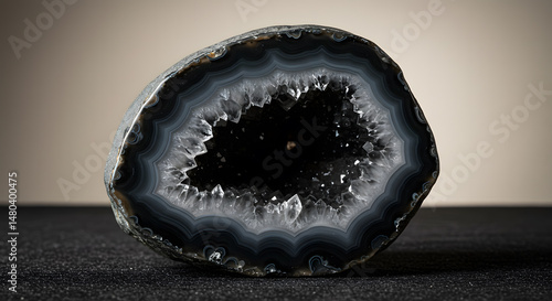 Polished Black Agate Geode with Sparkling Crystal Core – Natural Mineral Stone with Layered Bands and Drusy Quartz Center