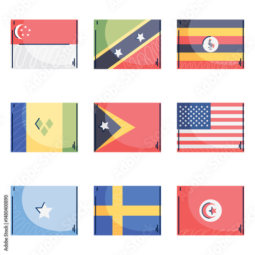 Vector Illustration of National Flags: Singapore, Saint Kitts and Nevis, Uganda, Saint Vincent and the Grenadines, Timor-Leste, United States of America, Somalia, Sweden, Tunisia in Flat Design Style
