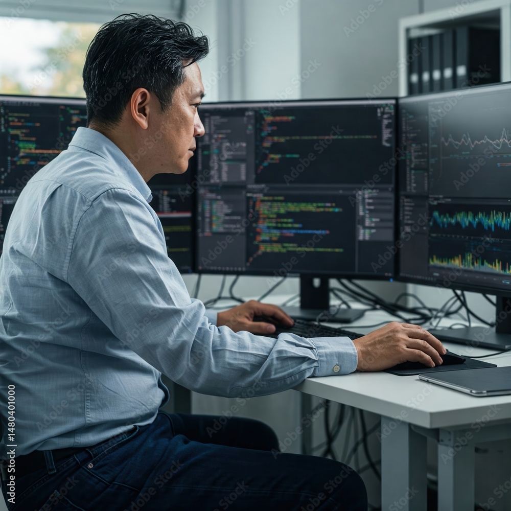 Software developer coding and analyzing data on multiple monitors Software developer coding and analyzing data on multiple monitors