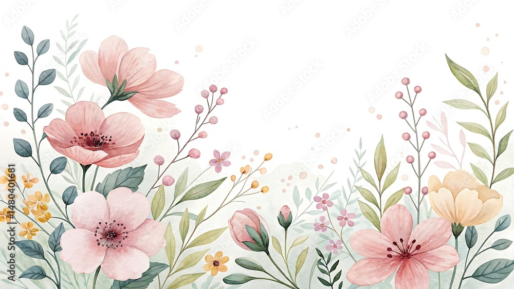 Obraz premium Watercolor Floral Illustration with Pink and Yellow Flowers, Gentle and Calming