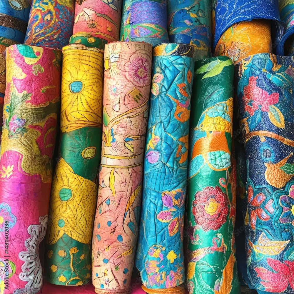 Rolled, colorful leather, hand-painted designs in vibrant patterns, arranged neatly. Rows of leather tubes showcase various floral and abstract motifs, with bright hues Rolled, colorful leather, hand-painted designs in vibrant patterns, arranged neatly. Rows of leather tubes showcase various floral and abstract motifs, with bright hues