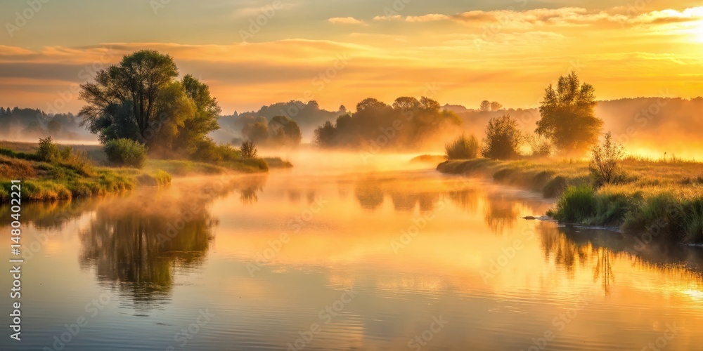 Soft golden light illuminates serene landscape of river valley at dawn, with gentle ripples on water's surface and misty atmosphere, natural serenity , serene landscape Soft golden light illuminates serene landscape of river valley at dawn, with gentle ripples on water's surface and misty atmosphere, natural serenity , serene landscape