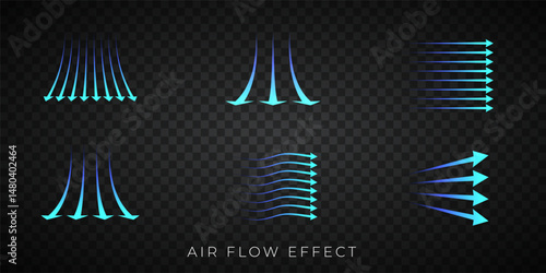 Set of blue arrow showing air flow direction. Isolated on transparent background.