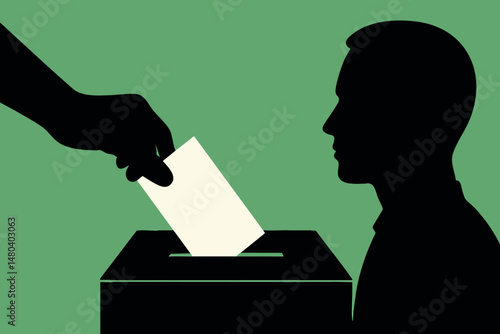 Democratic process featuring voter inserting ballot into voting box with bright green backdrop, symbolizing civic participation