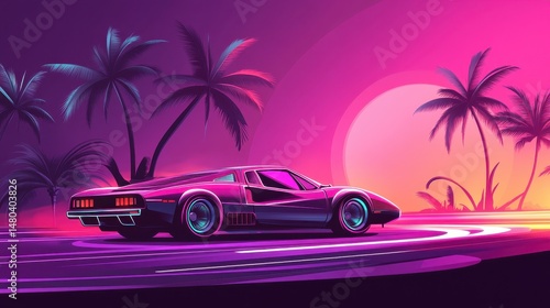 Retro sports car on a road with palm trees against a sunset. Synthwave style illustration evokes 1980s nostalgia with vibrant pink and purple neon colors.