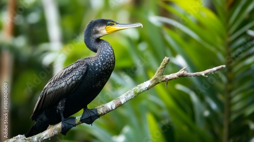 Obraz na płótnie Majestic cormorant perched on branch in vibrant tropical forest w salonie