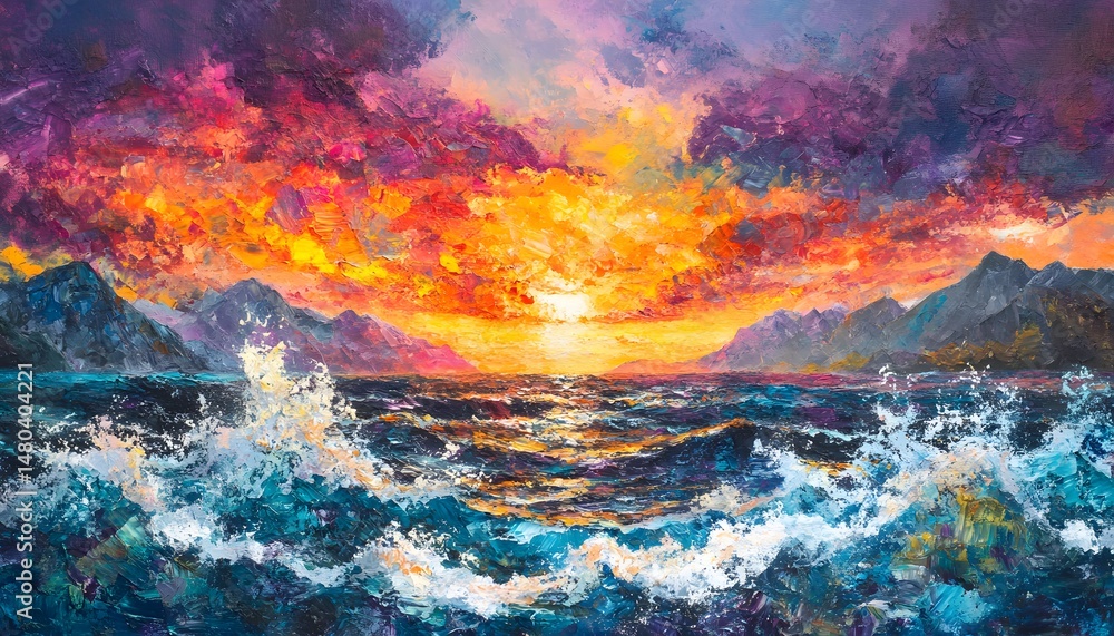 Naklejka premium Dramatic sunset over a turbulent sea, painted in vibrant hues.