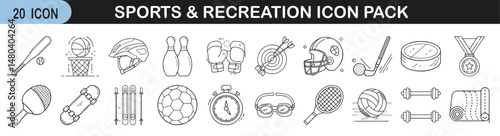 Sports and recreation icon pack vector illustration featuring various athletic equipment and activities on transparent background