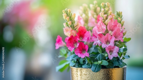 Wallpaper Mural Vibrant pink and red snapdragon flowers in golden pot for elegant home decor Torontodigital.ca