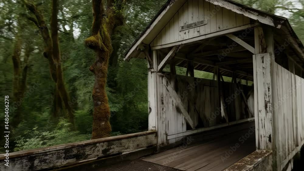 Weathered white wooden covered bridge in a lush green forest landscape with dense trees and foliage, creating a tranquil and scenic view Weathered white wooden covered bridge in a lush green forest landscape with dense trees and foliage, creating a tranquil and scenic view
