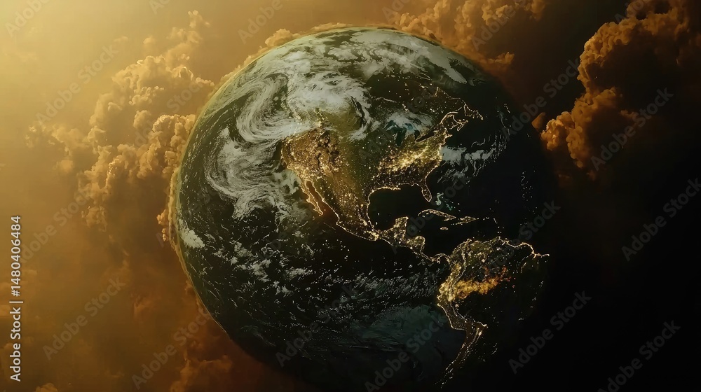 Obraz premium Earth surrounded by a hazy, golden cloud.