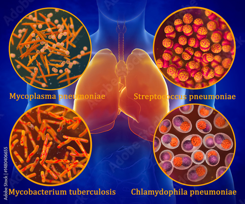 Medical background, human body with isolated respiratory system, Mycoplasma pneumoniae, Streptococcus pneumoniae, Chlamydophila pneumoniae, pneumococcal infection, pneumonia, 3d rendering