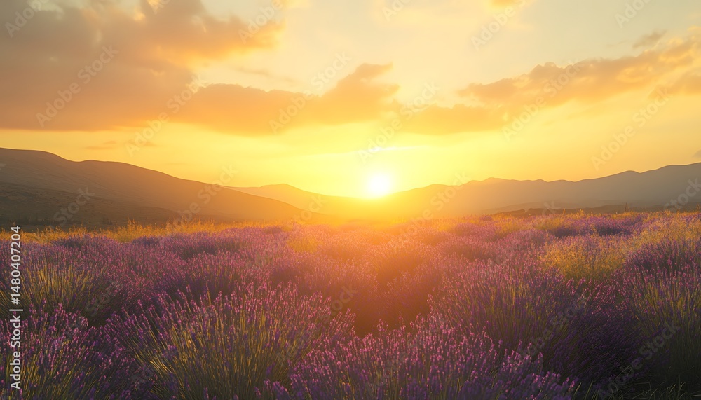 Golden sunset over a lavender field in the mountains. Golden sunset over a lavender field in the mountains.
