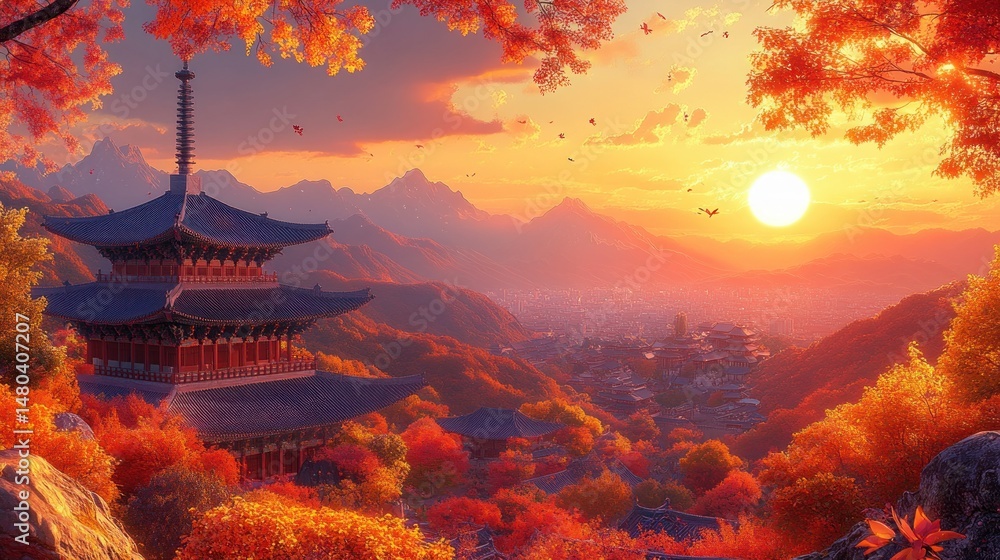 Obraz premium Autumnal Asian Pagoda Sunset View