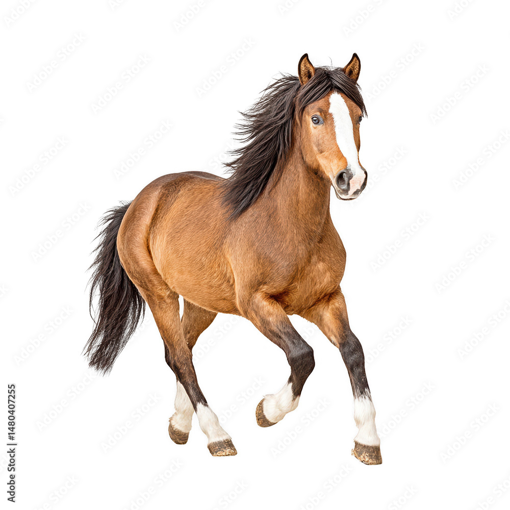 Obraz premium Brown horse runs freely on a white background in a full studio shot.