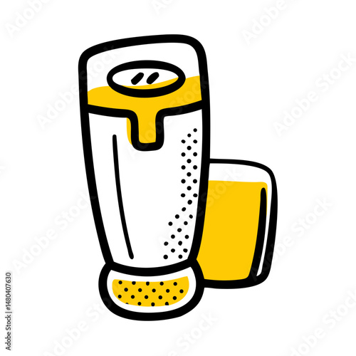 Glass of beer with foam and wooden coaster on white background  