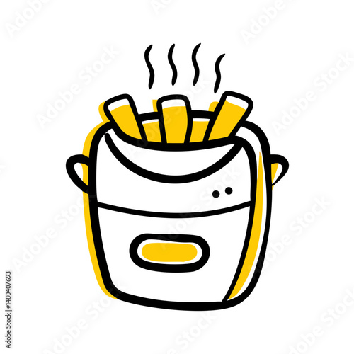 Air fryer with French fries steaming inside on a white background  
