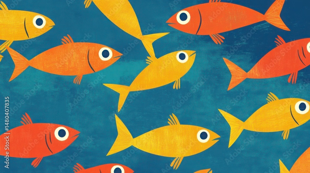 Naklejka premium A school of bright cartoon fish swimming in different directions in a lively ocean.