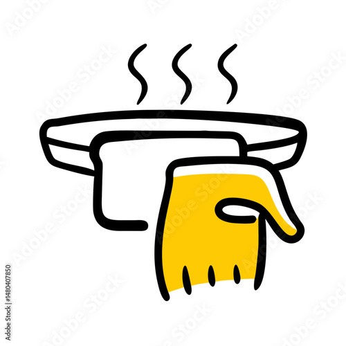 Hand wearing yellow oven mitt reaching for hot plate  