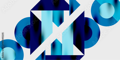 Abstract design features letter X, blue tones, geometric shapes. Circles, squares overlap creating modern visual impact.