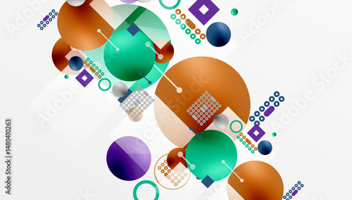 Abstract composition. Circles, squares, lines create dynamic visual experience. Teal, orange, purple hues dominate design. Minimalist aesthetic.