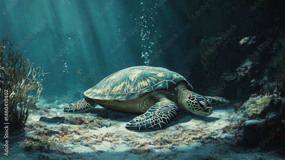 Fototapeta premium A sea turtle resting on the ocean floor, blending perfectly with the surroundings.