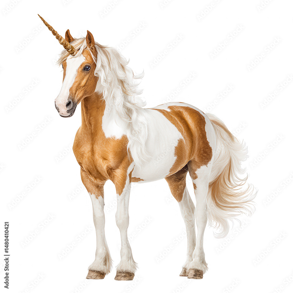 Obraz premium A beautiful brown and white unicorn stands majestically on a white background.