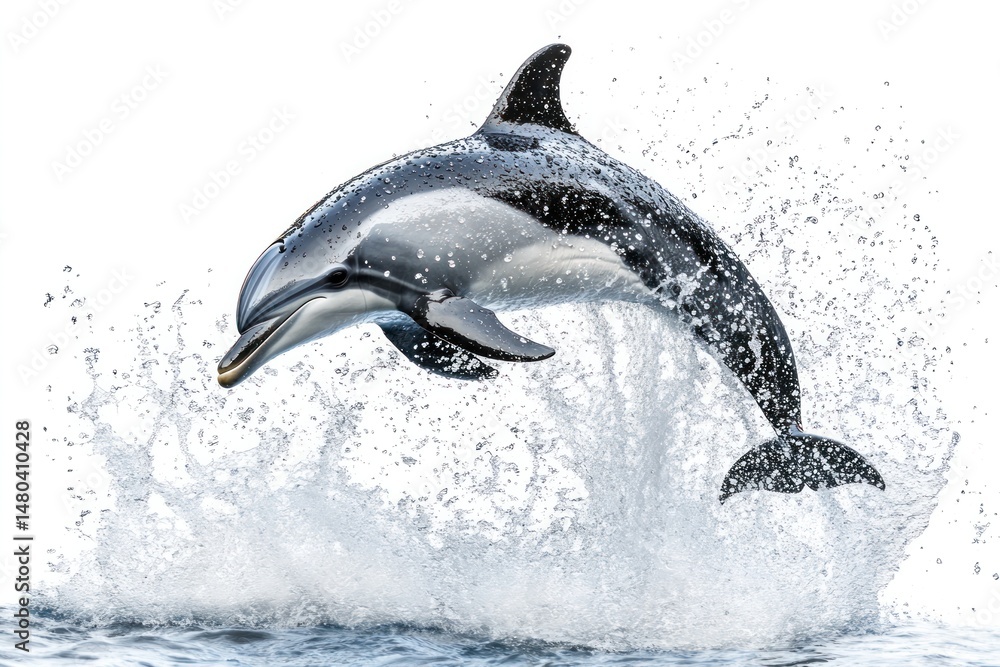 Obraz premium A dynamic shot of a dolphin captured in a playful leap, its body arched elegantly with water droplets trailing behind.