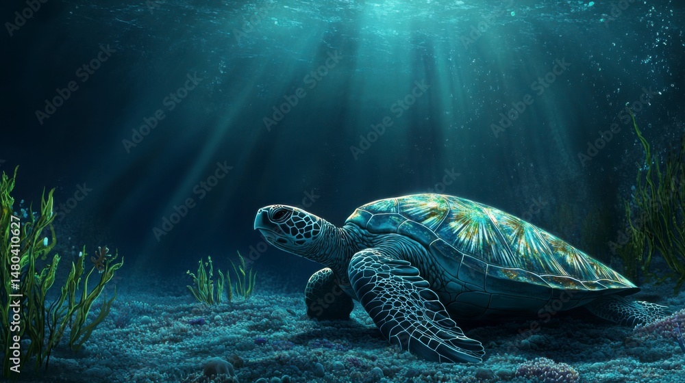 Fototapeta premium A sea turtle resting on the ocean floor, blending perfectly with the surroundings.