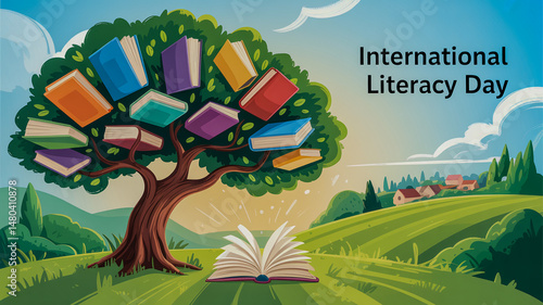 International literacy day concept with a tree diagram with playscript as leaves 