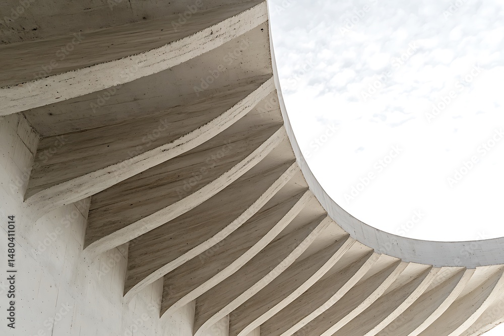 Fototapeta premium Concrete Structure with Ribs and White Sky, Architectural Detail, Arched Building