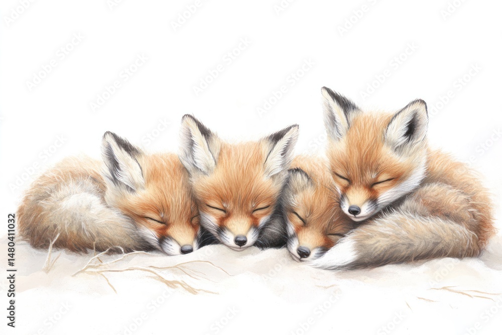 Obraz premium A group of playful wild baby red foxes snuggling together on a sandy beach, their fur a mix of red and orange hues, against a soft, white background.