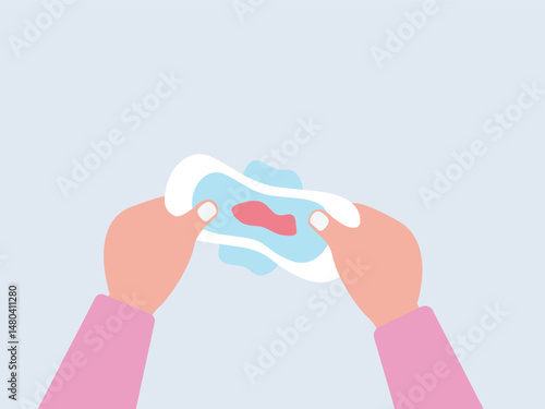 Woman holding fabric sanitary pad with menstrual blood  in periods in hands vector illustration